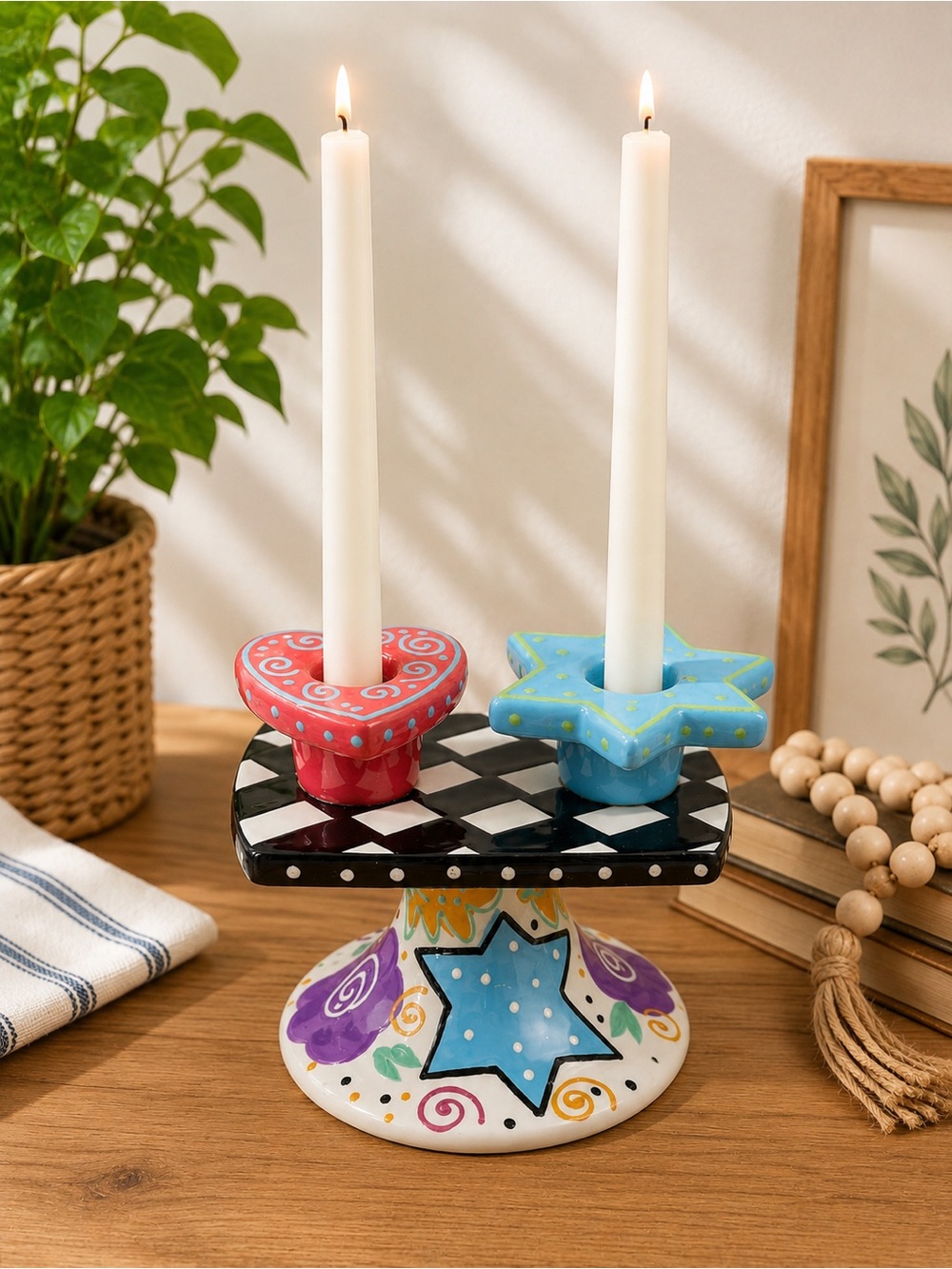 Whimsical Ceramic Double Candle Stick Holder Heart Star Joanne Delomba Lotus Art